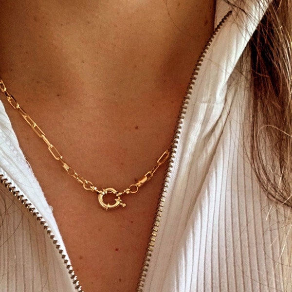 Large Clasp Gold Paper Clip Necklace•Layering Gold Chain Necklace• Gold Filled Chain Choker Necklace•Rectangle Link Chain Choker