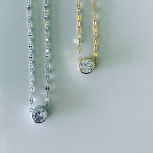 Large Solitaire Cubic Zirconia Necklace, Stacking, Mirror Chain, CZ Necklace, Gold CZ Solitaire, Everyday Necklace, Layering, Solitario