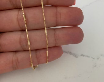 Gold Filled Dainty Box Chain Necklace: Minimalist Bar Pendant