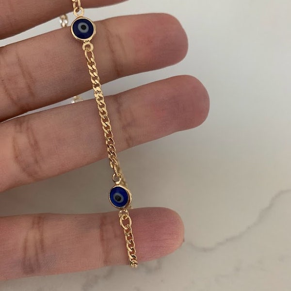 Blue Evil Eye Cuban Link Anklet •Layering Gold Anklet• Evil Eye Anklet• Cuban Anklet• Everyday Anklet • Body Jewelry