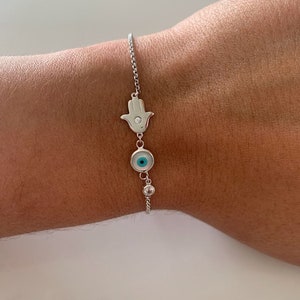 Bracciale in argento sterling con mano di Hamsa, occhio malocchio