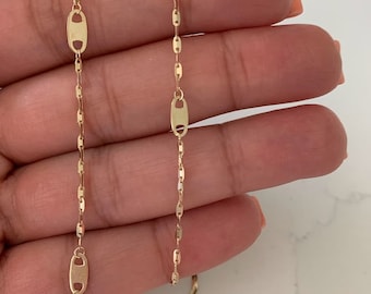 14K Solid Gold Mariner Link Chain Necklace: Elegant Sequin Mirror Chain