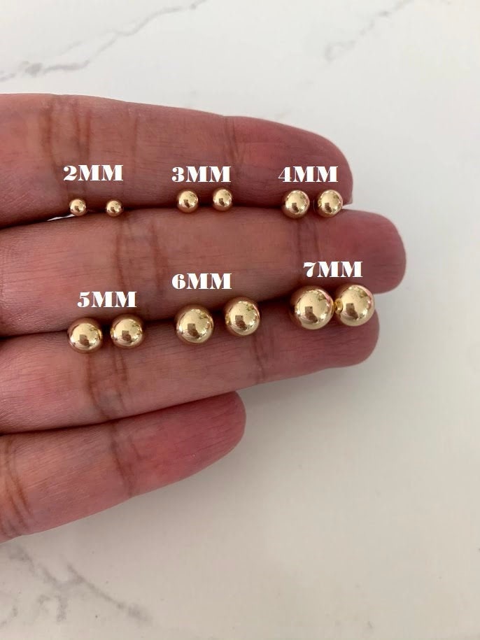 14K Solid Gold Button Ball Earrings, High Polish, 2MM,3MM, 4MM, 5MM, 6MM, 7MM, Studs, Gold Plastic Push Back Studs, Genuine Gold Ball, Gift