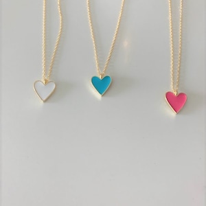 Enamel Heart Charm Necklace, Lovely Heart Pendant Necklace, 18K Gold over Genuine Sterling Silver, Excellent Quality,Pink, White, Blue Heart