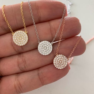 Sterling Silber Pave Disc Halskette, Silber Disc Zirkonia, Silber Rund, Gold Disc, Mittelgroße Kreis Halskette, Handgemachter Schmuck