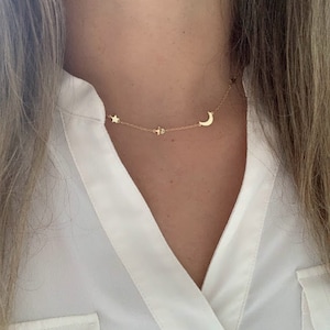 Dainty Gold Moon and Stars Necklace: Sterling Silver Crescent Moon