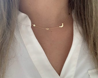 Dainty Gold Moon and Stars Necklace: Sterling Silver Crescent Moon
