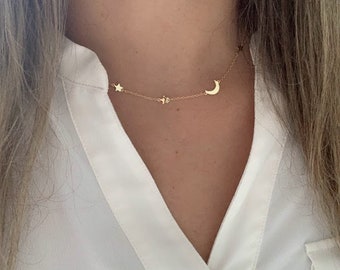 Moon Necklace • Crescent Moon Necklace • Dainty Gold Moon and Stars Necklace • Sterling Silver Necklace