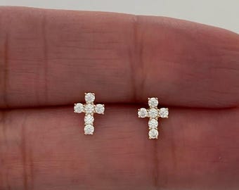 14K Gold Cross Earrings | Dainty Cubic Zirconia Cross Earrings | Gold Cross Studs | Minimalist Earrings | Baptism or Confirmation Gift