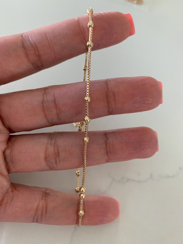 18K Gold Filled Satellite Anklet: Beaded Ball Chain Layering Jewelry