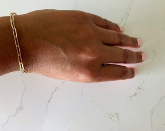 14K Solid Gold Paperclip Bracelet: Lightweight Square Link Chain, 7 Inch
