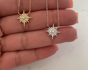 ゴールドサンバーストネックレス：スターリングシルバーCZスターペンダント