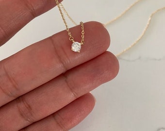 14K Gold CZ Solitaire Necklace: Tiny Delicate Layering Necklace