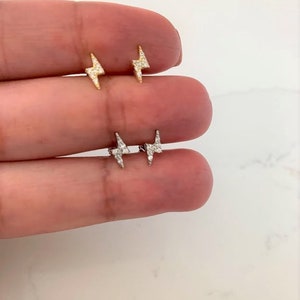 Tiny Lightning Bolt Pave Stud Earring,  18K Gold over Silver, Minimalist Earrings, Everyday Earrings, Dainty Earrings, Lightning Studs