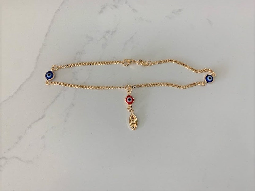 18k Gold Filled Evil Eye Anklet: 2MM Cuban Link Chain Israel