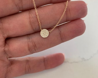 14K Solid Gold Diamond Pave Disc Necklace - Minimalist Jewelry