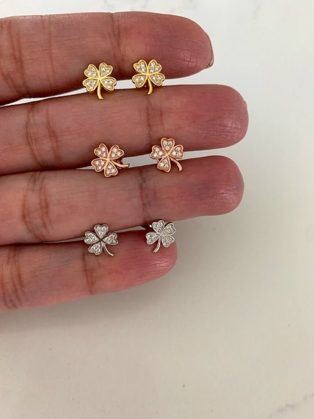Tiny Clover Leaf Pave Stud Earring, 18K Gold Over Silver