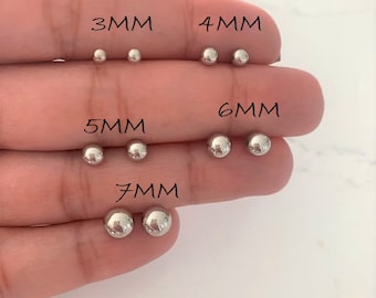 14K Solid White Gold Button Ball Earrings, High Polish, 3MM, 4MM, 5MM, 6MM, 7MM, Children Screw Back Studs, White Gold Ball, Adult Studs