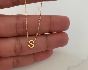 14K Solid Gold Initial, Initial Necklace, Letter Chain, Initial Charm, 14K Gold Initial Necklace, 6.5MM  Initial Pendant, Dainty Initial