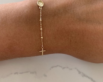 14K Yellow Gold Rosary Bracelet: Miraculous Mary Medal, Cross
