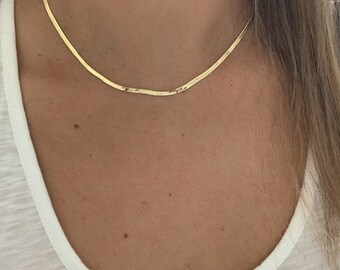 14K Gold Herringbone Chain Necklace: Thin Snake Style, 2mm, 16