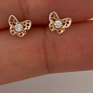 18K Solid Gold Butterfly Earrings, High Polish, Carved Butterfly Studs, Push Back Studs, Two Tone Genuine Gold Earrings, Girl Earrings