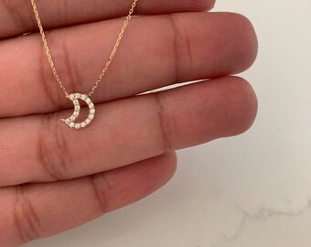 14K Gold Crescent Moon Necklace: Dainty CZ Star Jewelry