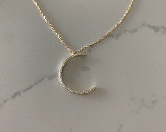 Sterling Silver Crescent Moon Necklace: Zirconia Half Moon Pendant