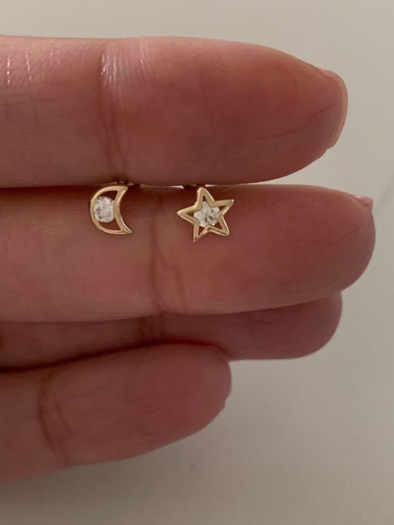 14K Yellow Gold Moon Star CZ Stud Earrings Star Earrings