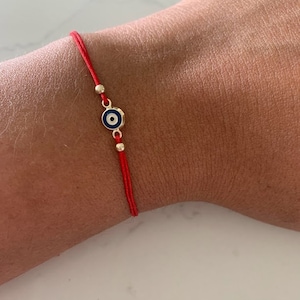 Bracelet mauvais œil en or 14 carats, bracelet en or ficelle rouge, mauvais œil, bracelet en or massif, fait main, or jaune, cadeau de protection, cadeau