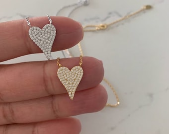 CZ Pave Heart Necklace: Sterling Silver Dainty Chain
