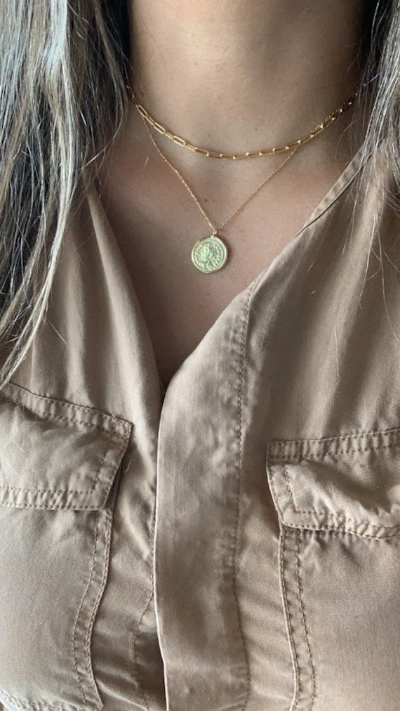 Buy 18K Gold Coin Medallion Necklace Layer Link Chain Paperclip