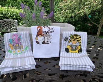 Embroidered Gnome Kitchen Tea Towels, Coffee, Bumblebee, Bunny Rabbit