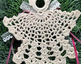 Vintage Embellished Hand Crocheted 5.5” Christmas Angel,  Burgundy, Ribbons, Lace, Faux Pearls