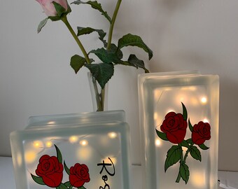 Lighted Glass Block Botanical, Red Roses