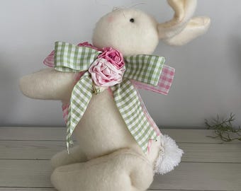 Decorative Bunny Plush, Ribbon Flower Accents, Farmhouse Shabby Chic Decor