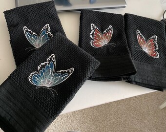 Machine Embroidered Butterflies on Black Towel, Set of 2.  Your choice Blue or Orange