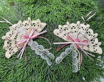 Hand Crocheted Fan Ornaments, Ecru with Pink Ribbon, Ivory Pearls, Lace (Set of 2) VTG