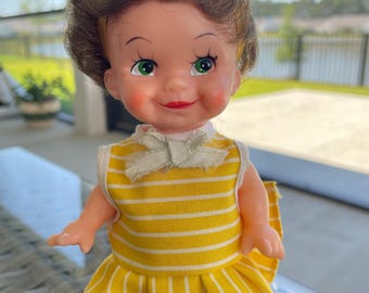 VTG 1960s  Doll Forsum Japan, Brown Short Curly Hair, Green Eyes, Yellow Dress