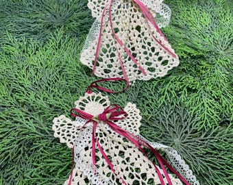 Vintage Embellished Hand Crocheted 7” Christmas Angels, Pink or Burgundy, Ribbons, Lace, Faux Pearls