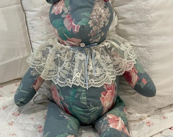 VTG 1980’s Handmade 18” Stuffed  Chintz Bear, Blue and Pink, Florals and Lace