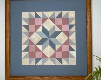 VTG 1990s Framed Wood Quilt, 13.25”,  Blue, Antique White, Dark Mauve, Oak Frame