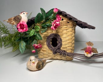Hand Woven Decorative Birdhouse with Faux Roses and Birds, 1990s Woven Reed Home Decor