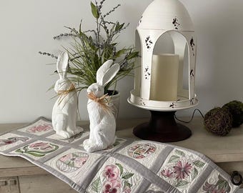 Machine Embroidered Applique Spring Easter Table Runner, Grays and Pinks, 12x36”