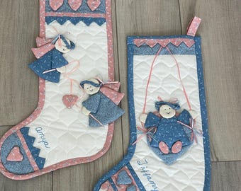 VTG Handmade Peach and Blue Christmas Stocking w Angels, Anya or Tiffany