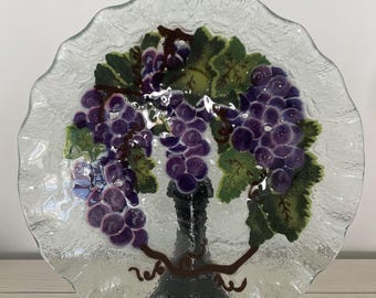 VTG Folio Art Fused Glass Ruffled 10.5” Bowl, Purple Grapes And Vine