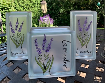Lighted Glass Block Botanical, Lavender