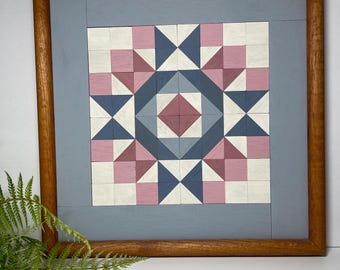 VTG 1990s  Framed Wood Quilt, 13.25”, Blue, Antique White, Mauve, Oak Frame