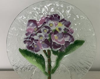 VTG Folio Art Hand Painted Fused Glass 8.5” Plate, Purple Hydrangea