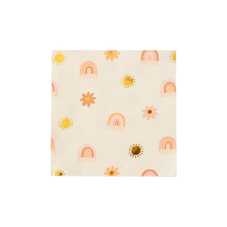 May include: A pack of paper napkins featuring a repeating pattern of rainbows, suns and flowers. The rainbows are pink, orange and yellow. The suns are gold. The flowers are pink.